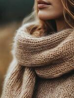 Young woman wearing soft turtleneck sweater, enjoying warmth and comfort photo
