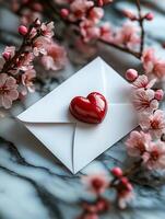 White envelope with heart and cherry blossoms framing it on marble surface photo