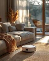 Robot vacuum cleaner working in modern living room photo