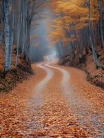 Foggy path through orange autumn forest photo