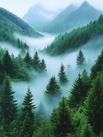 Misty forest with evergreen trees photo