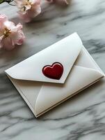 White envelope with red heart, Valentine day concept photo