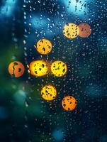 Rain drops flowing down window glass with city lights blurred in background photo