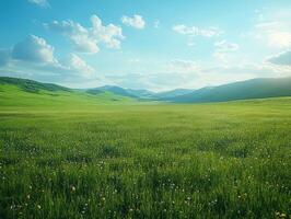 Green grass field at sunset and blue sky photo