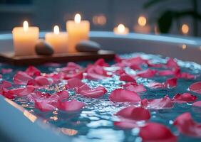 Relaxing rose petal bath with burning candles spa concept photo