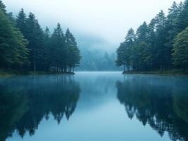 Fog forest reflecting on beautiful lake in autumn photo