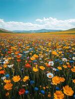 Colorful wildflower field blooming under summer sky photo