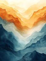 Golden light touching misty blue mountain peaks photo