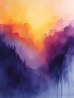 Abstract purple painting depicting vibrant mountain ranges at sunset photo