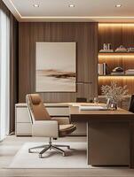 Modern office interior with mocha mousse color palette and wood paneling photo