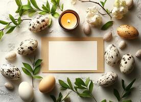 Flat lay, Easter eggs, candle and blank greeting card decorating a rustic wooden table photo