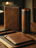 Leather notebooks, pen, and insulated bottle creating cozy workspace ambiance photo