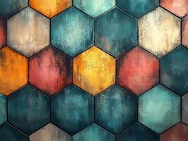 Colorful hexagonal wooden tiles creating modern geometric pattern photo