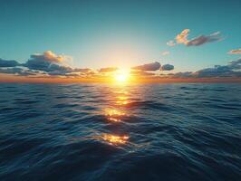 Golden sun set reflecting on calm ocean waves at dusk photo