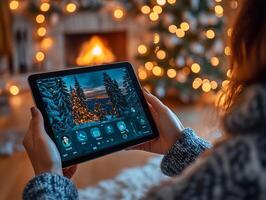 Woman using smart home application on tablet at christmas time photo