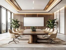 Modern conference room with large blank screen displaying mocha mousse color palette photo