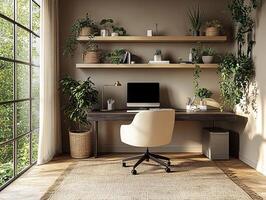 Modern and elegant home office with mocha mousse colored walls and lush greenery photo