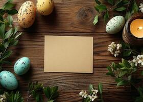 Burning candle illuminating colorful easter eggs and blank card on rustic wood photo
