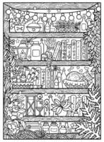 Hand drawn coloring page with magic shelves with ritual and witch objects, pots, healing plants, bottles, books and sleeping cat. vector