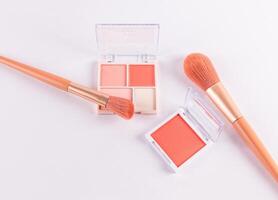Two open packs with peach-tone blush and various light tones on a white background with two professional makeup brushes. top view. space for text. photo