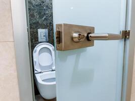 A glass door with a visible toilet in the bathroom is a product of household hardware with a secure handle and gas fixture. photo