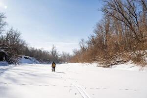 A man on skis goes into the distance in the snow, a hike in a winter forest, a man with a backpack moves along a frozen river. photo