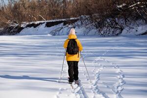 Man on skis standing on snow rear view, woman skiing in forest, walking on snowdrifts. photo