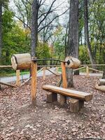 In a beautifully arranged picturesque park, a charming wooden bench with a securely attached barbell presents a unique and inviting exercise spot amidst the tranquil beauty of nature photo