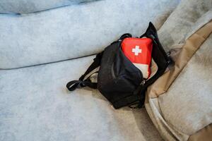 A compact small medicine kit is in a bag, an individual set of medicines, photo