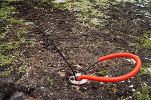 A bright red rubber ring is currently resting and laying in the dirt, partially buried in the ground, surrounded by various natural elements of the environment all around it photo