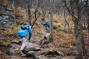 A diverse group of enthusiastic people is joyfully hiking up a challenging, rocky trail that winds through a beautiful forest in the woods, surrounded by lush greenery and majestic trees photo