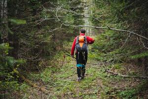 A hiker with a backpack strolling through a lush forest photo