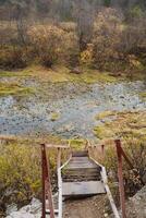 A beautifully constructed bridge spanning a flowing river, complete with elegant stairs that gracefully lead up to it, creating an inviting passage for pedestrians and visitors photo
