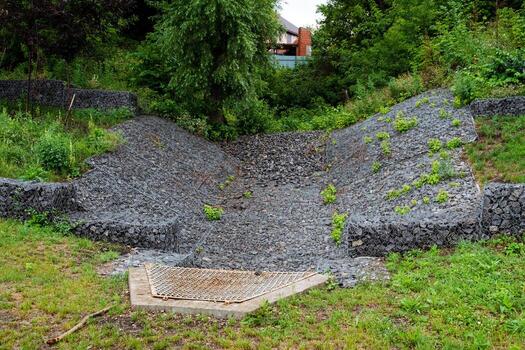 In a green grassy field, a pile of gravel serves as a distinctive feature, complementing the natural surroundings. It provides a unique visual contrast and adds character to the landscape photo
