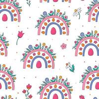 Easter eggs and flowers seamless pattern with rainbows and dots for wallpaper, wrapping paper, scrapbooking, stationery, backgrounds, digital paper, etc. EPS 10 vector