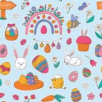 Easter seamless pattern with doodles on blue background for prints, wallpaper, textile, nursery decor, wrapping paper, etc. EPS 10 vector