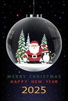 Christmas,New Year card.Snow globe with Santa Claus,Penguin with snow falling hang on Starry Sky Background,Xmas Glass ball and snow inside,Christmas tree decoration for Festive decoration object vector