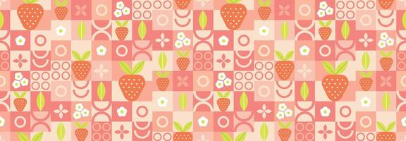 Strawberry abstract geometric pattern in bauhaus and minimalism style. Natural organic shapes of plants and berries, eco farming. Designer fabric, card, wrapping paper, cover. vector