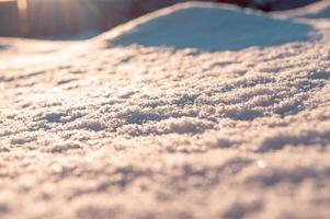 orange snow under the rays of the setting winter sun close up photo texture in perspective. High quality photo