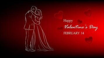 A romantic Valentine Day greeting card featuring a minimalist line art of a couple embracing with text Happy Valentine Day and February 14 vector