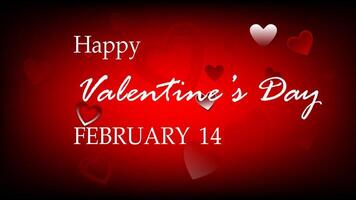 A vibrant Valentine Day greeting card featuring a red gradient background adorned with various heart shapes in different sizes. The central text Happy Valentine Day and February 14 vector