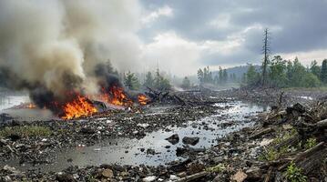 A Destructive Wildfire Is Rapidly Spreading Through a Burned and Charred Landscape Area photo
