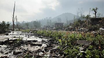 The landscape is left scarred after a natural disaster, causing significant environmental change photo