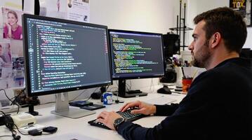 A Focused Programmer Engaged in Work with Multiple Monitors in a Modern Office Setting photo