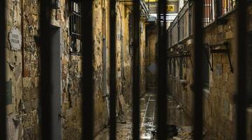 The dark and ominous prison corridor features cold bars and desolate, worndown walls photo