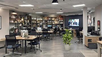 Modern office space with innovative collaborative workstations to boost creativity and productivity photo