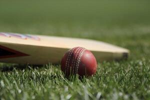 Cricket ball on bat edge on grassy field, evoking sports and play photo