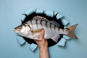 Hand emerging from blue surface holds shimmering fish, blending surreal and fresh photo