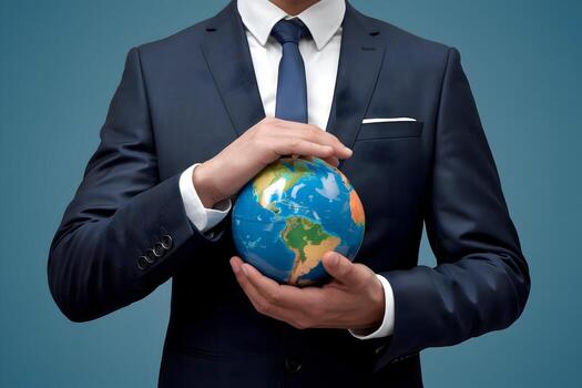 Man in suit holds globe, emphasizing global responsibility on solid blue background photo