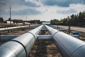 Industrial pipes parallel on ground, road and trees visible, highlighting expansive setup photo